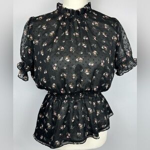 Walter Baker Peplum Blouse Short Puff Sleeves Asymmetric Hem Ruffle Neck Medium
